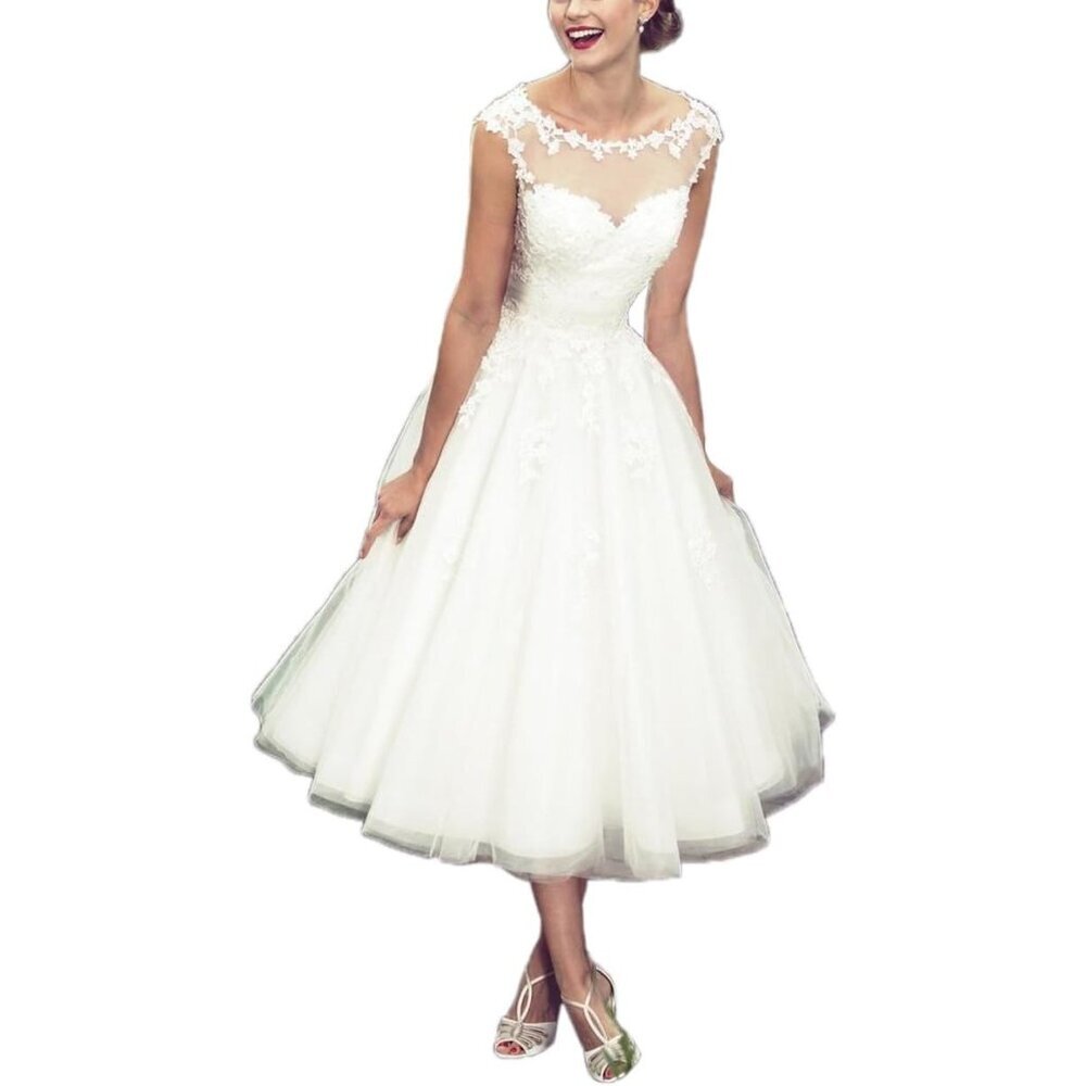 Women's Ivory Elegant Sheer Vintage Short Lace Wedding Dress for Bride